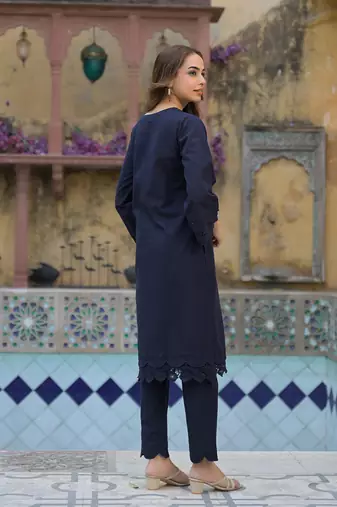 Divena navy blue cotton straight fit lace border kurta with trouser