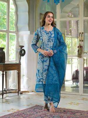 Divena blue rayon floral printed kurta pant with dupatta 1