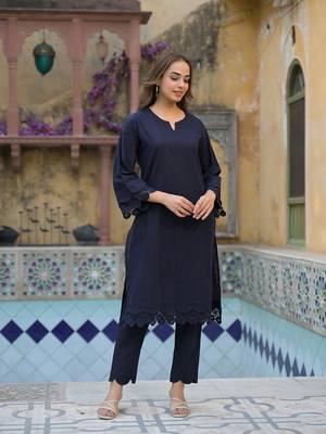 Divena navy blue cotton straight fit lace border kurta with trouser 3