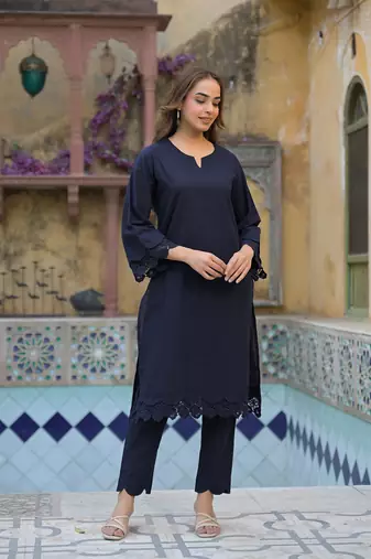 Divena navy blue cotton straight fit lace border kurta with trouser