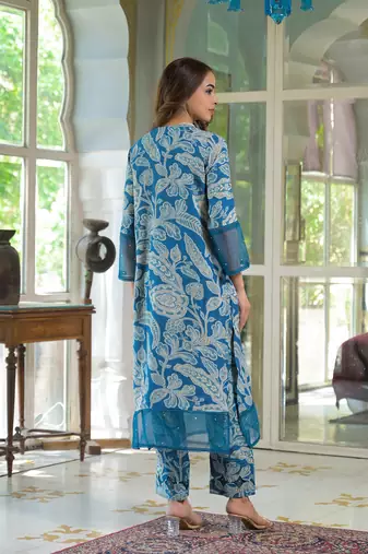 Divena blue rayon floral printed kurta pant with dupatta