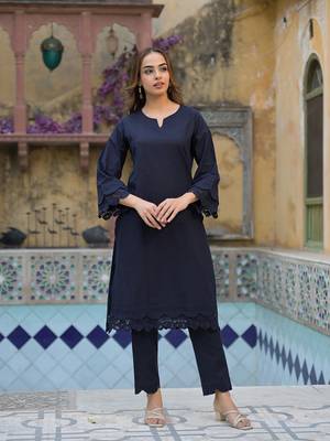 Divena navy blue cotton straight fit lace border kurta with trouser 4