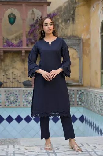Divena navy blue cotton straight fit lace border kurta with trouser