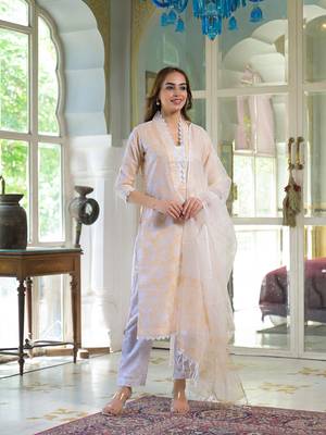Divena peach block print cotton straight kurta pant with dupatta 1