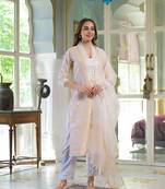 Divena peach block print cotton straight kurta pant with dupatta