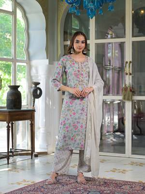 Divena light grey floral print muslin kurta trouser with dupatta 1