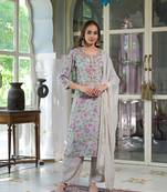 Divena light grey floral print muslin kurta trouser with dupatta