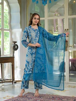 Divena blue rayon floral printed kurta pant with dupatta 4