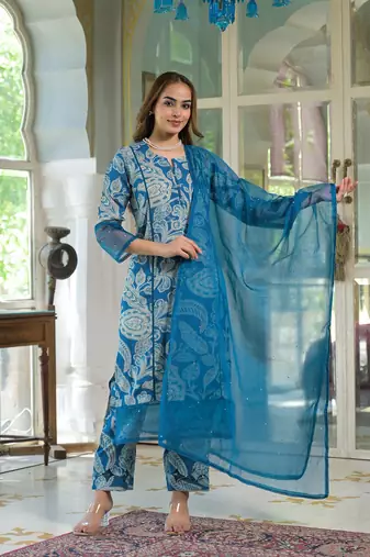 Divena blue rayon floral printed kurta pant with dupatta