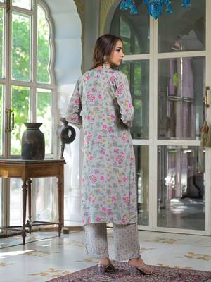 Divena light grey floral print muslin kurta trouser with dupatta 2