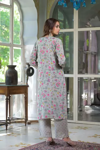 Divena light grey floral print muslin kurta trouser with dupatta