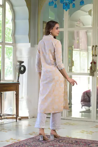 Divena peach block print cotton straight kurta pant with dupatta