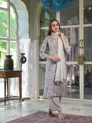 Divena light grey floral print muslin kurta trouser with dupatta 3