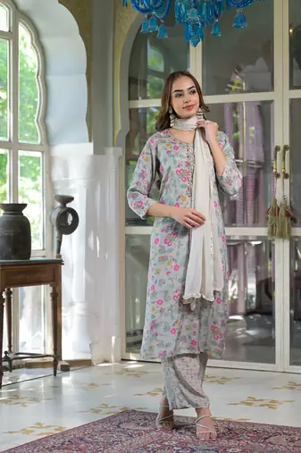 Divena light grey floral print muslin kurta trouser with dupatta