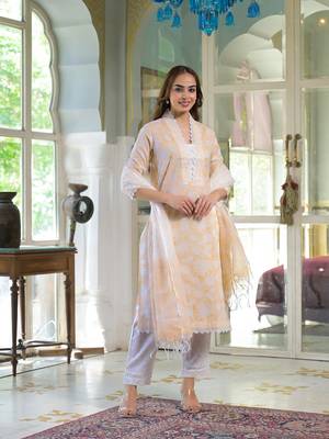 Divena peach block print cotton straight kurta pant with dupatta 3