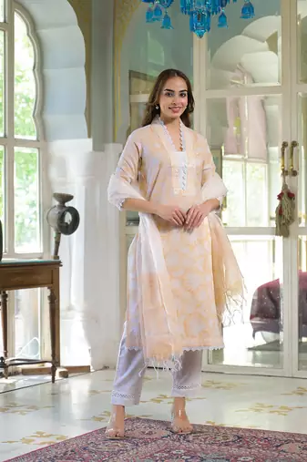 Divena peach block print cotton straight kurta pant with dupatta