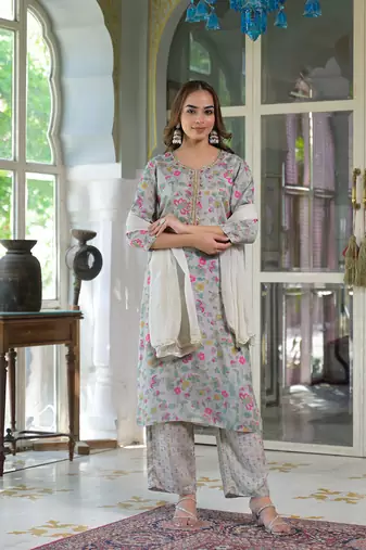 Divena light grey floral print muslin kurta trouser with dupatta