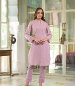 Divena pink solid cotton straight fit lace border kurta with trouser