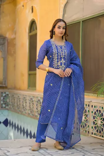 Divena blue leheriya kota doria kurta pant with dupatta