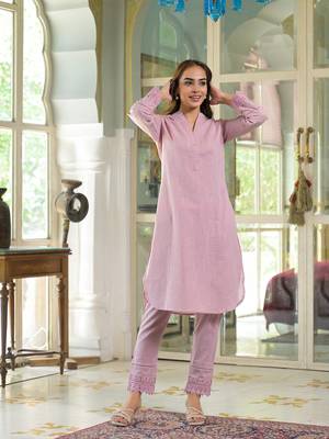 Divena pink solid cotton straight fit lace border kurta with trouser 4