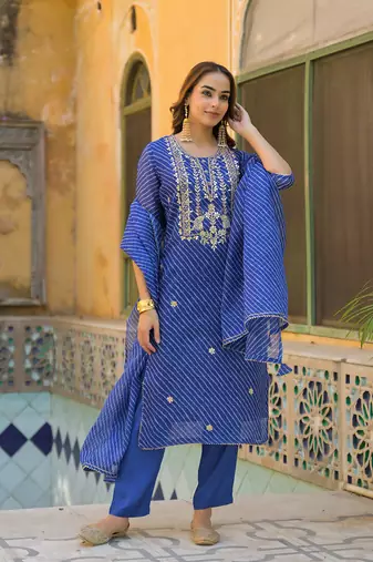 Divena blue leheriya kota doria kurta pant with dupatta