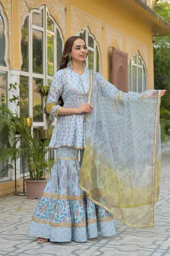 Divena sky blue muslin kurti sharara with dupatta