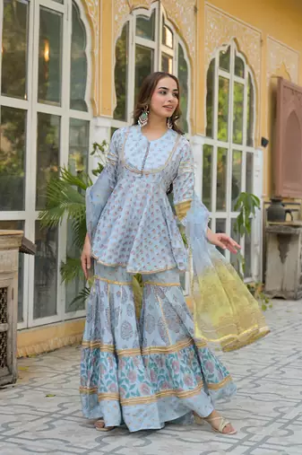 Divena sky blue muslin kurti sharara with dupatta