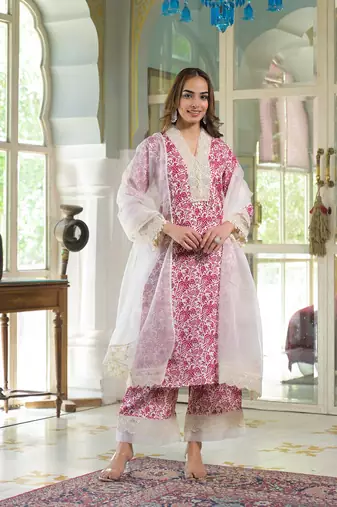 Divena cream & pink rayon ethnic print kurta pant with dupatta