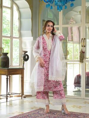 Divena cream & pink rayon ethnic print kurta pant with dupatta 4