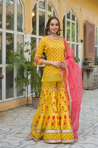 Divena yellow muslin kurti sharara with dupatta