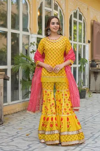 Divena yellow muslin kurti sharara with dupatta