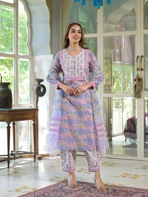 Divena pink cotton block print straight kurta pant with dupatta 1