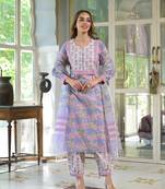 Divena pink cotton block print straight kurta pant with dupatta