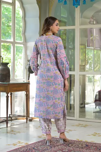 Divena pink cotton block print straight kurta pant with dupatta