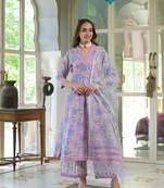 Divena pink cotton block print angarakha kurta pant with dupatta