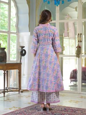 Divena pink cotton block print angarakha kurta pant with dupatta 2