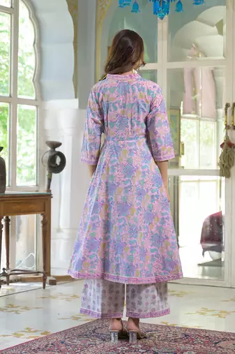 Divena pink cotton block print angarakha kurta pant with dupatta