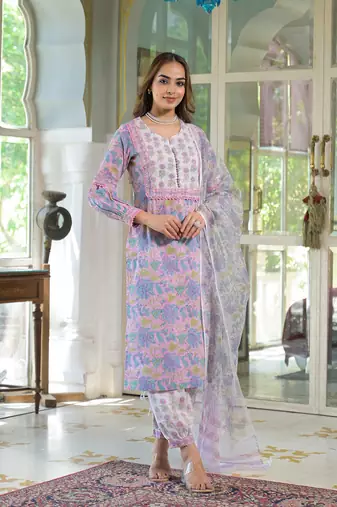 Divena pink cotton block print straight kurta pant with dupatta