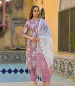 Divena peach floral print cotton straight kurta pant with dupatta