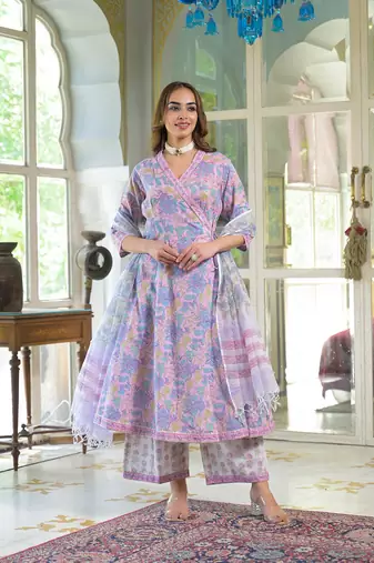 Divena pink cotton block print angarakha kurta pant with dupatta
