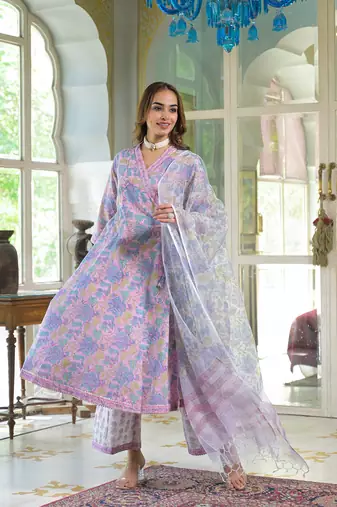 Divena pink cotton block print angarakha kurta pant with dupatta