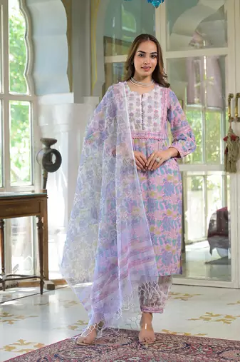 Divena pink cotton block print straight kurta pant with dupatta