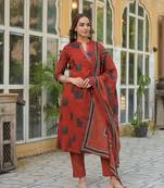 Divena red animal print cotton a-line kurta pant with dupatta
