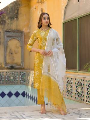 Divena mustard floral print cotton straight fit kurta pant with dupatta 1