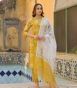 Divena mustard floral print cotton straight fit kurta pant with dupatta