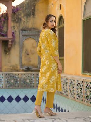 Divena mustard floral print cotton straight fit kurta pant with dupatta 2