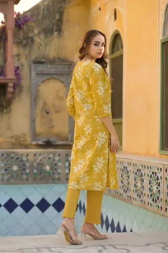 Divena mustard floral print cotton straight fit kurta pant with dupatta