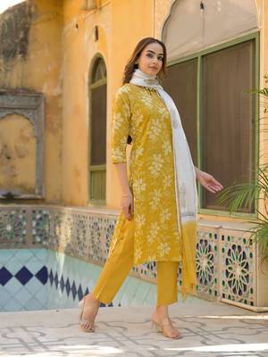 Divena mustard floral print cotton straight fit kurta pant with dupatta 3