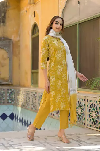 Divena mustard floral print cotton straight fit kurta pant with dupatta