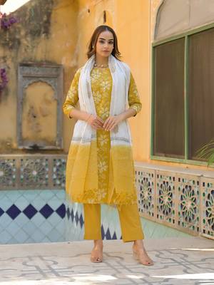 Divena mustard floral print cotton straight fit kurta pant with dupatta 4